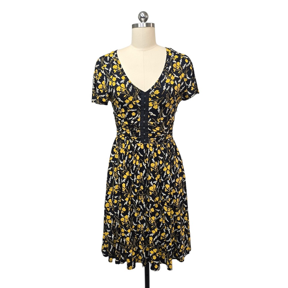 Anthropologie Maeve Yellow Floral Print V Neck Button Front Midi Dress Size XS